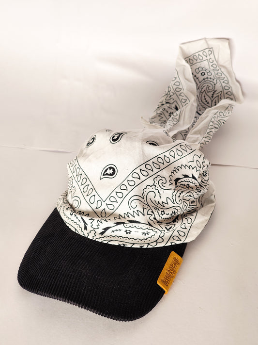 Kapri™ – Black Corduroy Brim × White Printed Bandana (OG Drop)